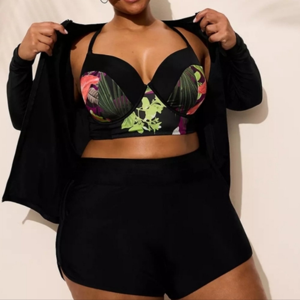 Lane Bryant Cacique Black Full Zip Rashguard Long Sleeve Swim Set Size 24 & 18